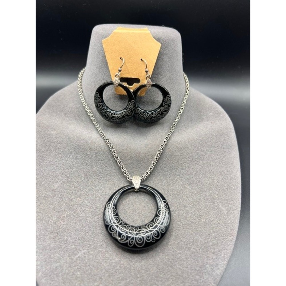 Retired Brighton Black Resin Silver Scroll Pendant Necklace Byzantine Hoop Set